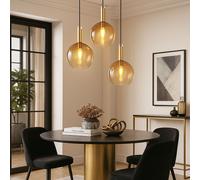 Lampada a Sospensione Luce Tavolo da Pranzo Vetro Amber 3 Fiamma Ottone LED H