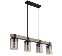 Lampada a sospensione per sala da pranzo Lampada a soffitto Lampada da soggiorno, metallo nero Paralumi cilindrici in vetro color fumo legno marrone scuro, 4 fiamme E27, H 133 cm