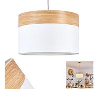 Lampada a sospensione Pontresina, lampada moderna in metallo/plastica/tessuto in nichel opaco/look legno/bianco, con paralume rotondo (Ø 40 cm), altezza massima 125 cm, 1 luce, E27, senza lampadina/e