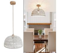 Lampada a Sospensione Rattan, Boho legno Corda Lampadario con 2 Base da Lampade Vintage Rope Sisal Ristorante Bianco Paralume in Carta Intrecciata E27 Illuminazione da Soffitto per Camera da Letto