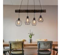 Lampada a sospensione, regolabile in altezza, lampada da tavolo da pranzo, lampada a sospensione, 4 fiamme, lampada in legno, stile country, vari paralumi reticolari, 4x E27, LxH 90x150 cm