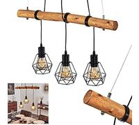 Lampada a sospensione Seegaard, lampada a sospensione a 3 luci in metallo/legno in nero dal design scandinavo, lampada a sospensione con asta in legno e paralumi a griglia, 3x E27, senza lampadina/e