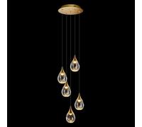 Lampada a sospensione STILLA, acrilico trasparente, montatura ORO SATINATO,5 LUCI TONDA LED 17,5W, 3000K, 1400LM, diam.30 H150 cm, dimmerabile