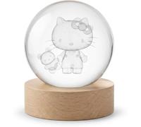 Lampada Cristallo 3D LED con Base in Legno - Luce Notturna Hello Kit ty Design - Sfera di Vetro Incisa al Laser - Regalo Originale per Bambini e Ragazze - Decorazione Cameretta USB (HELLO KITTY)