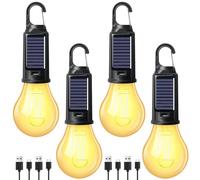 Lampada da campeggio a energia solare, 4 pezzi, da campeggio, ricaricabile, lanterna da campeggio con moschettone, lanterna a LED da campeggio, per emergenze, escursioni, campeggio