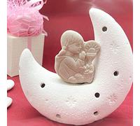 Lampada da comodino a forma di luna bianca in ceramica con bambina a mani giunte, calice ed ostia, bomboniere comunione originali, completa di scatola regalo (con confezione bianca)