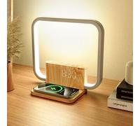 Lampada da comodino con ricarica wireless 10 W, luce Wake Up, 10 suoni naturali, aiuto per addormentarsi e lampada da tavolo dimmibile 3 livelli