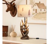 Lampada da Comodino Resina,Lampada da Scrivania vintage Rustico Stile,Cervo e Forestale Disegni Paralume in Tessuto di Lino,Base Forma di Corno Cervo Imitato,Luce da Tavolo Soggiorno Camera Da Letto