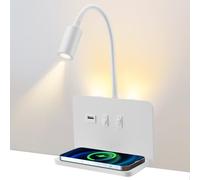 Lampada da lettura a parete con caricatore wireless, 9 W + 3 W, lampada da lettura con interruttore e ricarica USB, lampada da parete a LED, luce da lettura a 360°, con spina e cavo per camera da