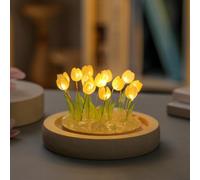 Lampada da notte a tulipano rosa, decorazione floreale in vetro con texture naturale e base in legno, lampada da comodino estetica a cubo da 10 cm per tutti (10 gialli)