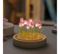 Lampada da notte a tulipano rosa, decorazione floreale in vetro con texture naturale e base in legno, lampada da comodino estetica a cubo da 10 cm per tutti (10 viola)