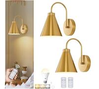 Lampada da parete a batteria per interni Vintage Country House Lampada da parete a batteria Ottone Lampada da comodino senza fili senza forature con telecomando 3 colori per camera da letto,D'oro