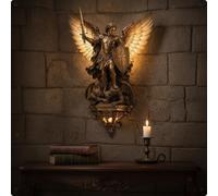 Lampada Da Parete Arcangelo Con Finitura Bronzo, Scultura In Resina Con Luce,