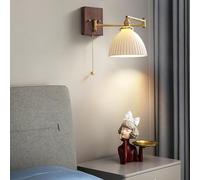 Lampada da parete con braccio oscillante in ottone, applique da parete con catena in vetro plissettato vintage, lampada da lettura in stile fattoria, lampada da parete in legno con vetro opa