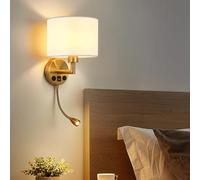 Lampada da Parete con Pulsante e Porta di Ricarica USB, Applique da Parete, Lettura, Rotazione di 360°, per Camera da Letto, Soggiorno, Studio (Oro, Luce Calda)