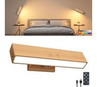 Lampada da Parete in Legno Ricaricabile con Telecomando e Touch, LED Dimmerabile Applique da muro Senza fili 3 Temperature di Colore e RGB, Magnetica, Adesiva, Ruotare di 360° per Camera Soggiorno