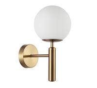 Lampada da parete in ottone con paralume a sfera in vetro bianco, attacco 1xE27,