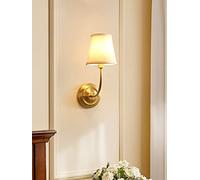 Lampada da parete in stile europeo tutto in rame Lampada da parete a testa singola con braccio piegato in ottone Applique da parete in tessuto bianco Paralume in finitura oro spazzolato Lampada da