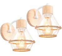 Lampada da Parete Interna Industriale Applique da parete Gabbia Interno E27 Metallo Lampadari e Plafoniere Cucina regolabile 180° Per Cucina Camera da letto (Bianco-A-Legno+Corda di canapa, 2 pezzi)