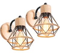 Lampada da Parete Interna Industriale Applique da parete Gabbia Interno E27 Metallo Lampadari e Plafoniere Cucina regolabile 180° Per Cucina Camera da letto (Nero-A-Legno+Corda di canapa, 2 pezzi)