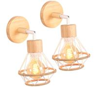 Lampada da Parete Interna Industriale Applique da parete Gabbia Interno E27 Metallo Lampadari e Plafoniere Cucina regolabile 180° Per Cucina Camera da letto (Bianco-Legno-Corda di canapa, 2 pezzi)