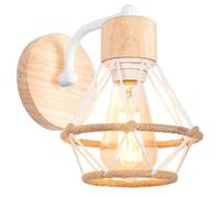Lampada da Parete Interna Industriale Applique da parete Gabbia Interno E27 Metallo Lampadari e Plafoniere Cucina regolabile 180° Per Cucina Camera da letto (Bianco-A-Legno+Corda di canapa, 1 pezzo)