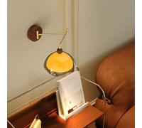Lampada da parete interna retrò regolabile con braccio orientabile, applique LED con braccio lungo orientabile, lampada da comodino vintage da parete in metallo Swing con braccio effetto legno,D'oro