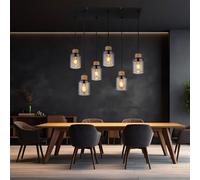 Lampada Da Pranzo A Sospensione 6X E27 In Legno Regolabile In Altezza Vetro Fumé [EEK: Non valutato]
