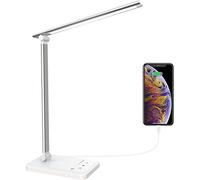 Lampada da scrivania a LED, dimmerabile, 5 colori e 5 livelli di luminosità, lampada da comodino, porta USB, per la ricarica dello smartphone, luce da lettura per lettore, bambini, colore argento