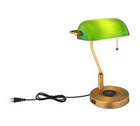 Lampada da scrivania lampada da banchiere lampada da tavolo ottone vecchio vetro luce da lettura verde, porta USB per ricarica wireless, interruttore a tirante, 1x E27, LxH 26,5x36 cm