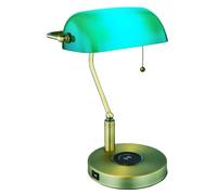 Lampada da scrivania lampada da banchiere lampada da tavolo ottone vecchio vetro verde, porta USB per ricarica wireless, interruttore a tirante, telecomando, 1x LED RGB 4.8W 470Lm, LxH 26.5x36 cm