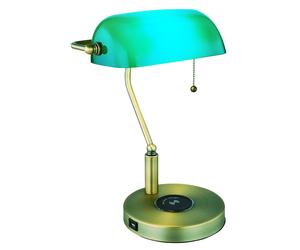 Lampada da scrivania lampada da banchiere lampada da tavolo ottone vecchio vetro verde, porta USB per ricarica wireless, interruttore a tirante, telecomando, 1x LED RGB 4.8W 470Lm, LxH 26.5x36 cm