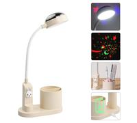 Lampada da Scrivania per Bambini, Ricaricabile Lampada da Tavolo a LED con Proiezione e Portapenne, Dimmerabile Lampada da Lettura da Comodino a LED per Soggiorno Studio Lettori di Notte (Bianco)