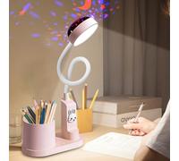 lampada da scrivania per bambini, studio con proiezione cielo stellato, comodino a LED con portapenne, ricaricabile USB, collo di cigno, dimmerabile, varie livello luminosità