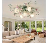 Lampada da soffitto a 5 luci, lampada da soffitto floreale pastorale, lampada da soffitto vintage E27 con paralume in vetro, rosa in ceramica, lampadario a LED utilizzato per soggiorno, camera da lett