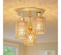 Lampada Da Soffitto in Rattan a Sospensione, Plafoniera Boho a 3 Luci Con Paralu