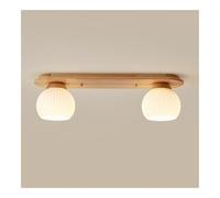 Lampada da soffitto lineare nordica a filo, moderna, retrò, con base in legno e globi in vetro opalino a coste, for interni, for corridoio, portico, ingresso.(Wood,2-lights)