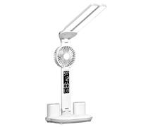 Lampada da studio a doppia testa con ventilatore Lampada da tavolo a LED con orologio e portapenne, controllo touch, visualizzazione temperatura, ora e data, con controllo della temperatura del colore