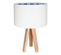 Lampada Da Tavolo Bianca Blu Retro Motivo Tessuto Legno Treppiede Alta 46Cm