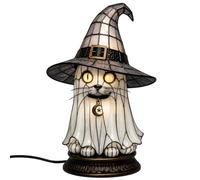 Lampada da tavolo decorativa per Halloween, in resina colorata con gatto e cappello da strega, luce notturna bianca con ciondolo a forma di luna e stella, per una decorazione suggestiva in camera da