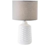 lampada da tavolo in ceramica bianca con paralume in tessuto grigio -