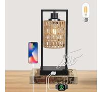 Lampada da tavolo in rattan di bambù, lampada da tavolo touch dimmerabile con attacco E27, 2 porte di ricarica USB, moderna lampada da comodino, luce notturna rurale, lampada da lettura per camera da