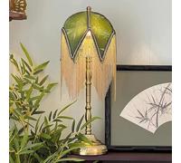 Lampada da tavolo in stile vittoriano con nappe e paralume in tessuto, design con perline e frange in oro antico, per camera da letto e soggiorno