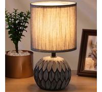 BAKAJI Lampada da tavolo Base a Sfera Decorata in Ceramica Paralume in Tessuto Grigio Lume Comodino Camera da Letto Luce Lampadina E14 Max 40W Abatjour Design Moderno Dimensioni 26 x 14 cm