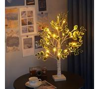 Lampada da tavolo per albero di betulla bianca, albero di Natale illuminato con foglie verdi artificiali e 24 LED bianchi caldi per caminetto, camera da letto, casa, feste, matrimoni, decorazioni