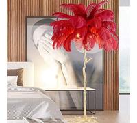 Lampada da Terra A LED in Resina con Treppiede Dimmerabile in Piuma di Struzzo Naturale - Decorazione Ideale per Soggiorno, Casa E Ufficio - Luce da Lettura Perfetta È così, Red, 80x75cm