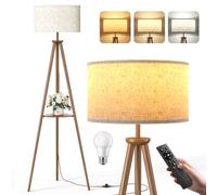 Lampada da Terra ad Treppiede LED con Ripiani Portaoggetti - 12W Piantana da Lettura Solido Regolabile con Telecomando & LED E27 per Soggiorno, Camera da Letto, Marrone Scuro - Mensola Triangolare