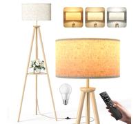 Lampada da Terra ad Treppiede LED con Ripiani Portaoggetti - 12W Piantana da Lettura Solido Regolabile con Telecomando & LED E27 per Soggiorno, Camera da Letto, Marrone Chiaro - Mensola Triangolare