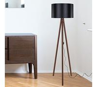 Lampada da Terra - Altezza 136 cm - Piantana a Treppiedi in MDF Lampada a Stelo con Paralume Cilindrico in Tessuto/PVC - Noce/Nero