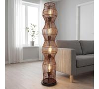 Lampada da terra Boho in bambù per soggiorno scuro Nero Metallo Interruttore a pedale E27 110 cm piccolo Moderno paralume a cestino 4 fiamme lampada da terra accogliente per camera da letto